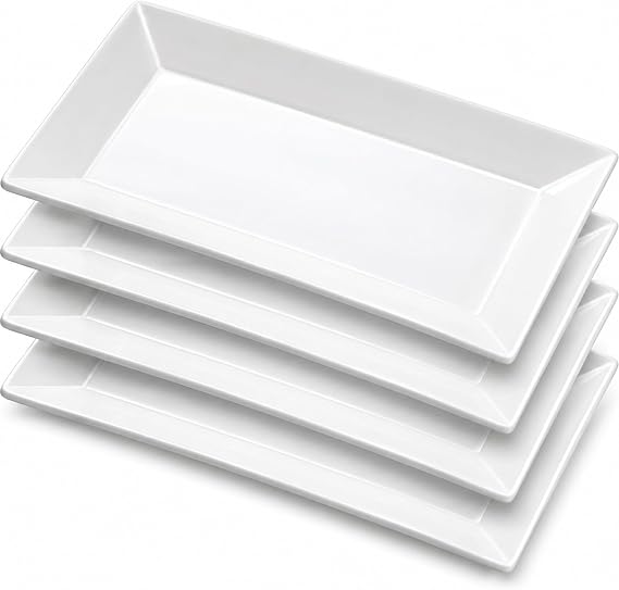 Porcelain Rectangular Dinner Platters, 9.75 Inch Rectangle Serving Plates for Sushi, Snacks, Cake, Meat & Appetizers, Set of 4, Elegant White Design