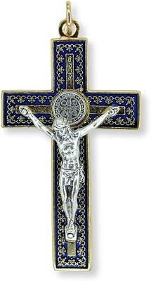 Caritas et Fides St. Benedict Crucifix with Dark Blue Enamel and Silver Oxidized Corpus 3 18, Gold Tone Cross Pendant for Catholic Necklace - Made in Italy