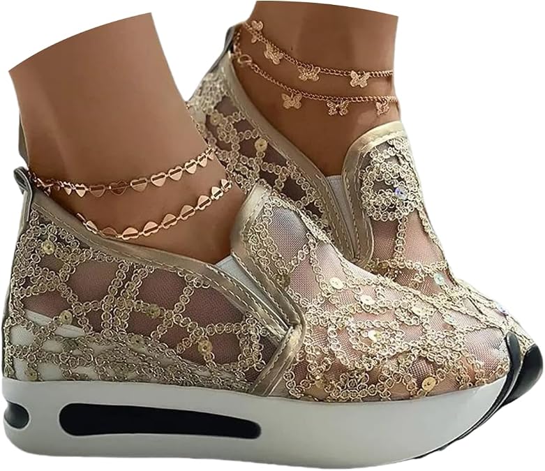 Women's Floral Embroidery Mesh Sneakers Fashion Sequin Lace High Heels Tennis Sneakers Platform Wedge Slip on Sneakers with Arch Support Hidden High Top Comfort Trendy Walking Shoes
