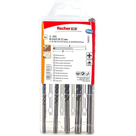 Fischer 545507 Bohrer D-SDX Sizes, 5-12 mm, 4-Cutting Head, Practical Set, 5 Masonry Drill Bits, Grey, 5-12mm