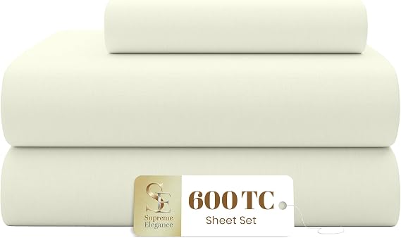 SUPREME ELEGANCE Twin Bed Sheets Set, 600 Thread Count, Sateen, Fresh Ivory