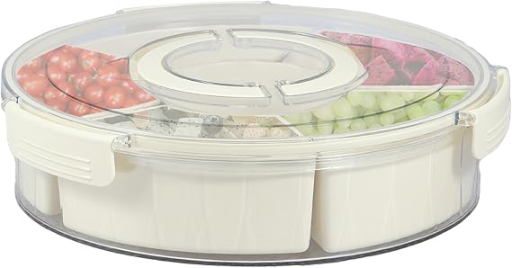 Rotating Snack Box Container, Divided Serving Tray with Lid and Handle, 6 Compartment Airtight Seal Snack Platter Charcuterie Snack Organizer, Portable Fruit Tray Snack Container 11.811.83.15in