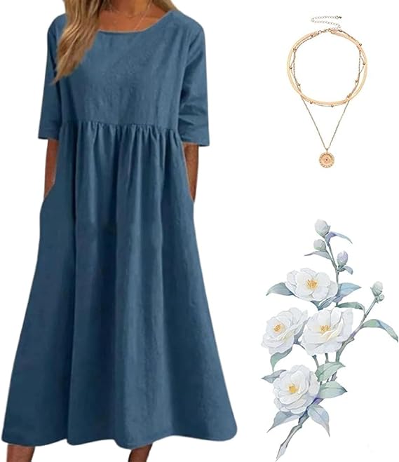 Women's Casual Basic Outdoor Crew Neck Pocket Smocked Cotton Dress, 2025 New Casual Spring Summer Outdoor Dress