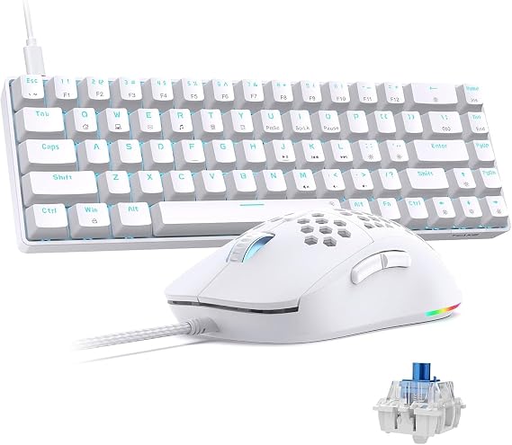 TMKB Falcon M1SE Gaming Mouse, T68SE 60% Mechanical Gaming Keyboard, LED Backlit, 12800DPI Optical Sensor with Blue Switch-White