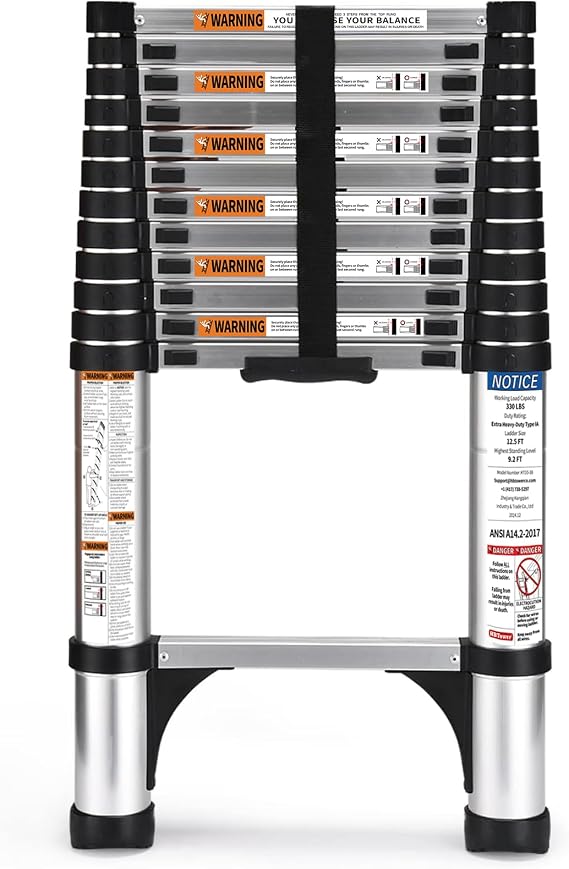 HBTower Telescopic Ladder 3.8 m Aluminium Folding Extending Ladder with Non-Slip Feet Robust & Portable Load Capacity 150 kg Ideal for Gutter Cleaning & Outdoor Repairs Silver