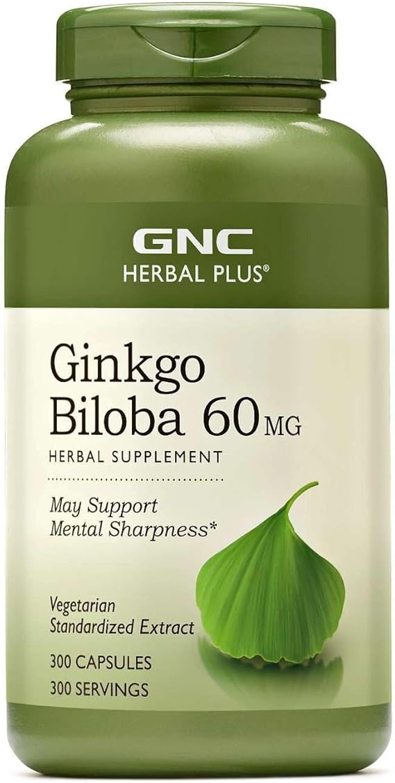 GNC Herbal Plus Ginkgo Biloba 60mg Supplement, Vegetarian, Supports Mental Sharpness, 300 Servings