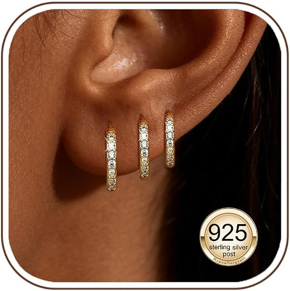 3 Pairs 18k Gold/Silver Hoops Earrings For Women With Cubic Zirconia Gold Plated Huggie Earrings Set Small Hoop Earring for Women Hypoallergenic Earring for Multiple Piercings Jewelry Gifts