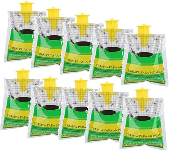 Disposable Fly Catcher Hanging Fly Trap Fly Catcher Outdoor With Fly Bait Mosquito Trap Catcher Fly Wasp Insect Bug Killer Flies Trap Non-Toxic Trap Catches Flies For Garden Farm Horse Barn (10PCS)