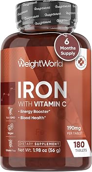 WeightWorld Iron 65mg with Vitamin C 125mg Tablets for Blood Health, Energy & Immune Support | 180 Tablets 6-Month Supply | Gentle Iron Supplement for Women & Men - Vegan, Non-GMO