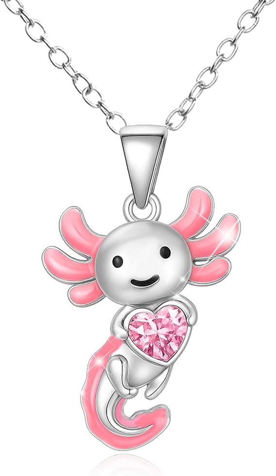 Mikovivi Axolotl Necklace, Zinc Alloy Crystal Salamander Pendant Necklace Cute Pink Rhinestone Jewelry Gift for Boys Girls Birthday Christmas Graduation