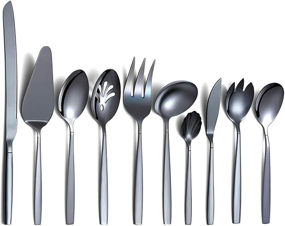 Berglander Black Serving Utensils 10 Pieces, Titanium Plating Serving Spoons, Included Cake Knife Cake Server Serving Forks Sugar Spoon Salad Spoon Forks Butter Knife Gravy Ladle ect.