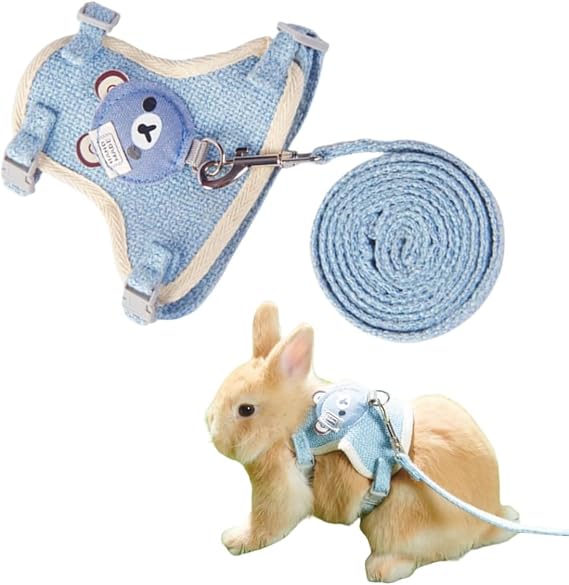 Rabbit Clothes Cute Vest Harness Leash Set Adjustable Outdoor Walking Control Rope for Small Pets Bunny Guinea Pig Ferret Kitten (S,Blue)