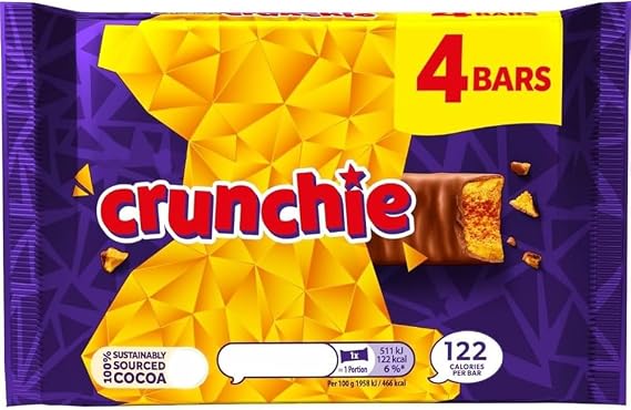 Crunchie Milk Chocolate with Golden Honeycombed Centre, 4 Bars, 128g