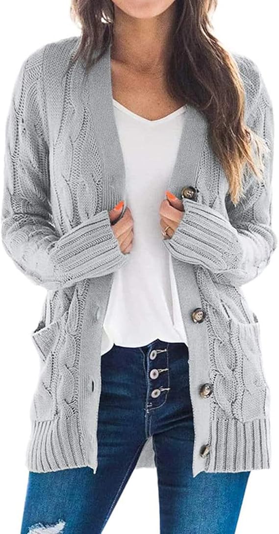 Easygou Womens Button Cardigan Sweater Coat Cable Chunky Knit Oversized Sweater Soft Long Sleeve Open Front Slouchy Pocket Outwear Coat