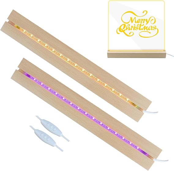 2 Pcs 11.81 Inch Wooden LED Light Display Pedestal, Wooden Rectangle LED Lights Display Base for Acrylic and Plexiglass,Night LED Light Lamp Base with USB Switch (7 Color)