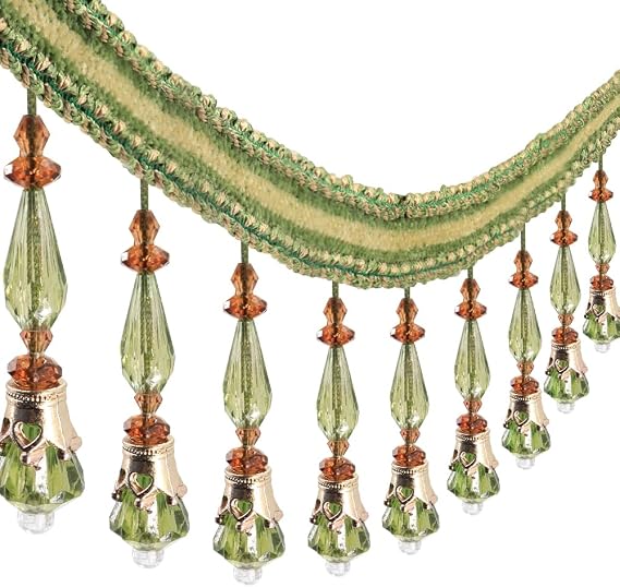 3Yard Beaded Fringe Trim Decorative Tassel Border for Curtains, Tablecloths, Home Decor, Bohemian Style Beaded Edging for DIY Crafts (Green)