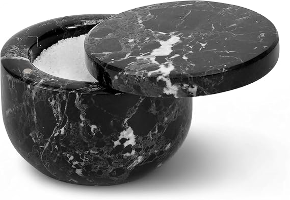 Earthen Crafts Marble Salt Cellar 3 Inch Black Salt Box with Swivel Lid - Spice Container for Kitchen Counter - Salt and Pepper Storage