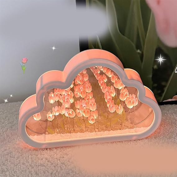 Flower Lamp, Tulip Night Light DIY Cloud Lamp with Mirror, Decorative Table Nights Lamp for Bedroom, Creative Gift for Girlfriend Mom Women, Home Decoration, Room Decor, 20 Pink Flowers
