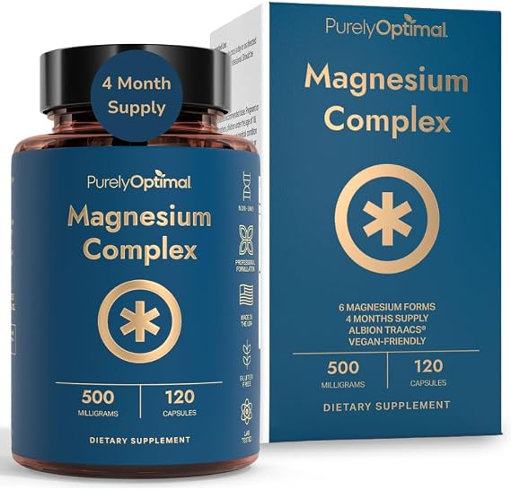 Purely Optimal Magnesium Complex - 6 Forms Magnesium Glycinate, Citrate & Malate - Sleep Support, Stress Relief, Muscles, Heart Health & Relaxation - Magnesium Supplement for Women & Men, 120 Caps