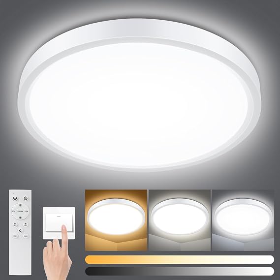 Dimmable LED Ceiling Light Panel with Remote Control,18W 1500LM,3000K-6000K,Night Light Function,IP54 Waterproof Round LED Flush Mount Ceiling Light for Bedroom,Bathroom,Kitchen,Hallway,Ø22CM [Energy Class F]