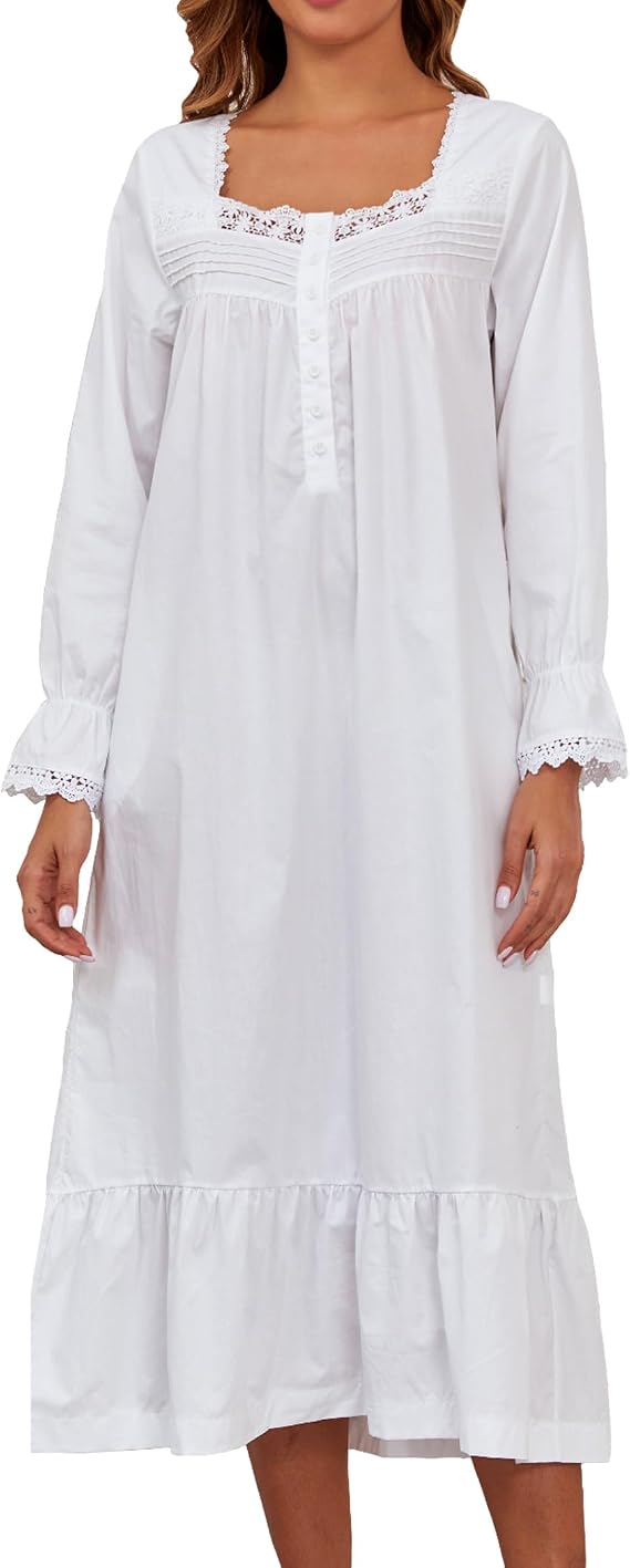 Viakeo 100% Cotton Nightgowns For Women Victorian Night Gown Long Sleeve House Dress With Pockets S-3XL