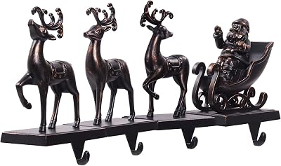 WBHome Christmas Stocking Holder Set of 4, Reindeer & Santas Sleigh Pattern Anti-Skid Metal Hanger Clip for Fireplace Mantel, Adjustable Multi-Use Stocking Hooks for Christmas Party Decorations