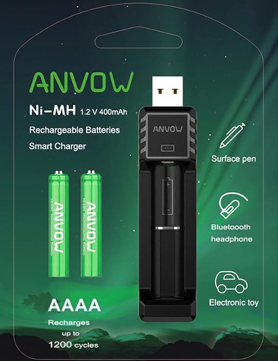 Smart Battery Charger with 2 Count Rechargeable AAAA Batteries for Surface Pen