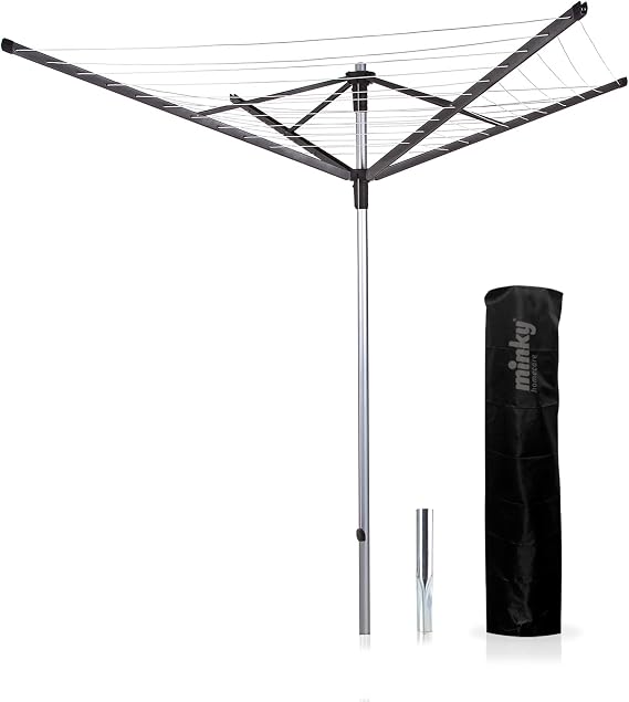 Minky 60m Multi-Height Rota-Lift Rotary Airer with Stay Taut Lines, Cover and Metal Soil Spike, Alloy Steel, Silver