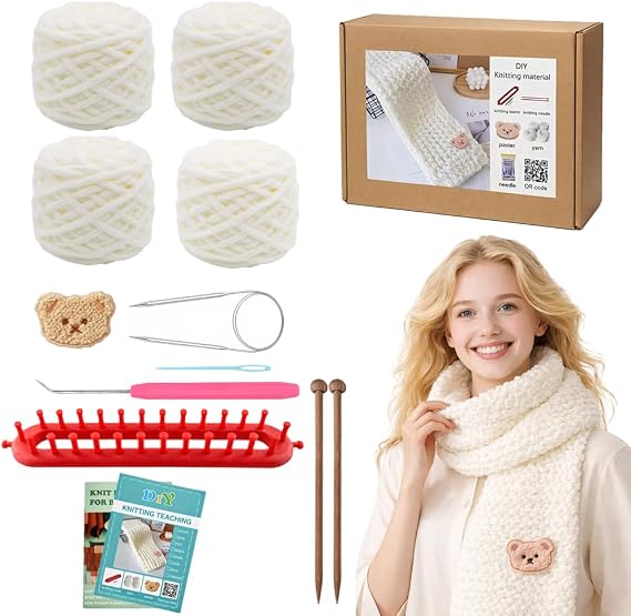Novelchet Knitting Loom Kit for Beginners with Step by Step Video Tutorial | Rectangle Loom with Plush Yarn Learn to Knit Set for Scarf