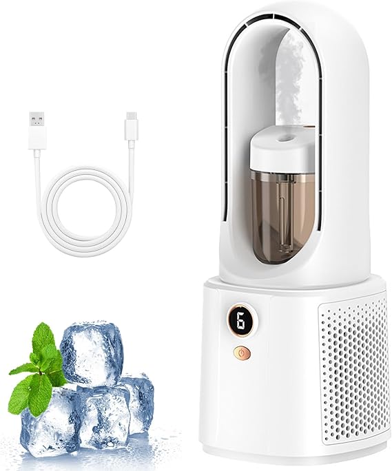 Cooling Fan with Humidifier and Night Light, Portable Silent Air Conditioner, 6 Adjustable Speeds for Office and Bedroom, Desk and Nightstand Use