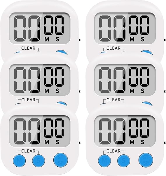 LinkDm 6 Pack Small Digital Kitchen Timer Magnetic Back and ON/Off Switch,Minute Second Count Up Countdown, White