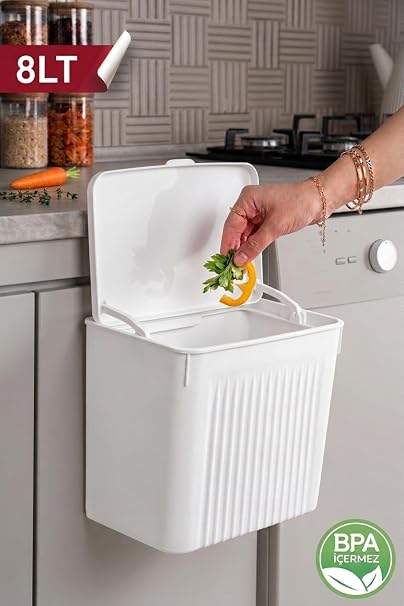 8 L Askılı Çöp Kutusu, Kapaklı Mutfak Çöp Kovası, Dolap İçi Asılabilir Pratik Atık Kutusu