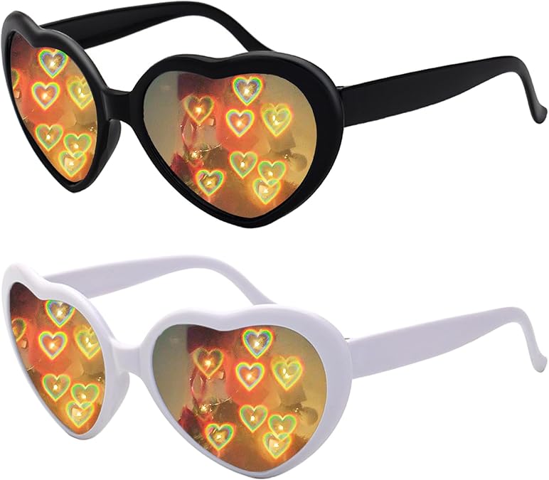 2 Pack Heart Shaped Sunglasses, Heart Effect Sunglasses for Rave Party, Valentines Day Love Gift