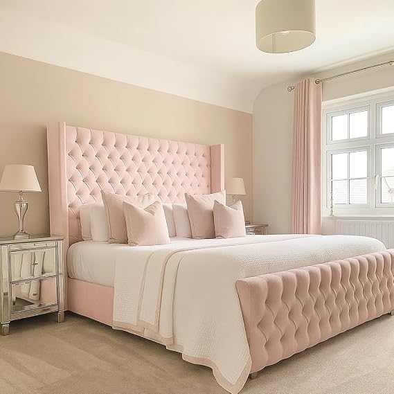 Bespoke Chesterfield Chelsea Wing Bed Frame - UK made - Single/Double/King/Super King Size Plush Velvet Fabric Upholstered (Baby Pink Plush, Double 4ft6)