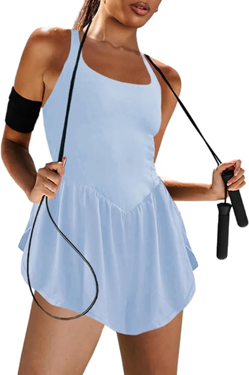 LAMISSCHE Womens Workout Romper Running Onesie Short One Piece Jumpsuits Sleeveless Yoga Unitard(Light Blue,M)
