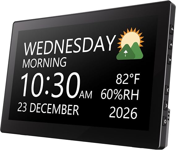 Raynic Digital Clock, 10.1 Inch Large Display Calendar Clock with 12 Themes, 20 Alarms, 20 Reminders, Auto Dimming, 12/24 Hours, Indoor Temperature, Humidity for Seniors, Desk (Black)