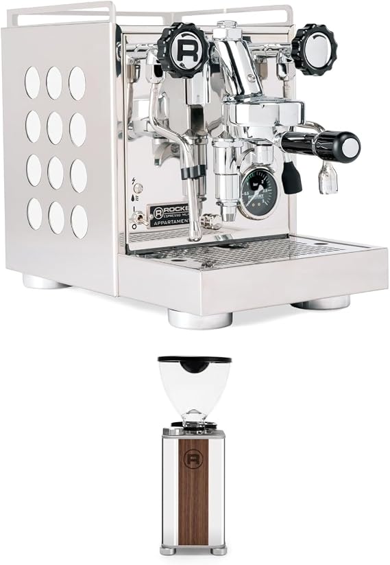 Rocket Appartamento 2.0 Espresso Machine (White) Bundle with Giannino Espresso Grinder (Chrome/Wood) - Matching Machine & Grinder Duo