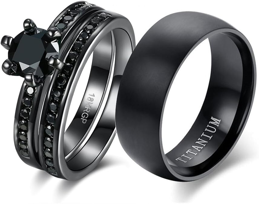 Couple Ring Bridal Sets His Hers Women 18k Black Gold Plated Cz Men Titanium Wedding Ring Band Set