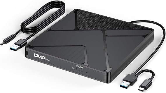 DVD Burner for Laptop, External USB 3.0 & USB C CD/DVD Drive Player Reader | with Power Supply for HP Lenovo Laptop MacBook Pro/Air/Neo mini PC, Win7/8/9/10 macOS Linux