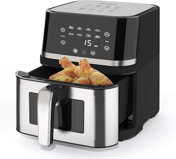 Stainless Steel 8Qt Large Digital Air Fryer with Window for Kitchen Use,Nonstick Made without PFAS,Touchscreen Display,400F,Kitchen Appliances,NonStick Basket,Black airfryer