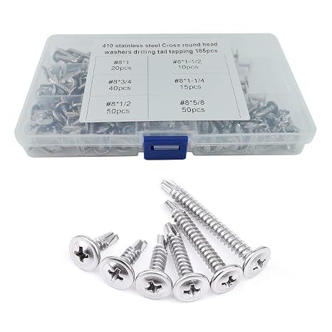 185 Pcs Self Tapping Screws, 410 Stainless Steel Wood Screws Assortment Kit, M4 Bolts (25/30/35/40/45/50mm), Countersunk Screw Set for Kitchen, Wardrobe, Cupboard