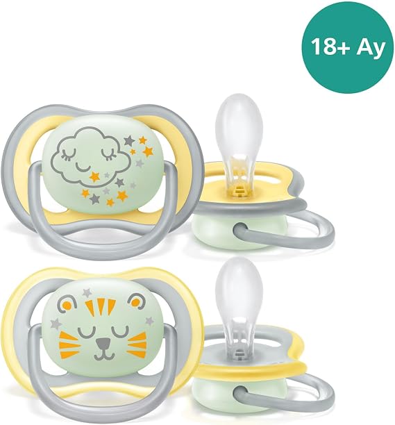 Philips Avent Ultra Air Night Pacifier, 18 Month+, 2’ Pack, Glowing in the Dark, Orthodontic Silicone, Wide Air Hole, Microwave Sterilizable, BPA Free, SCF376/01