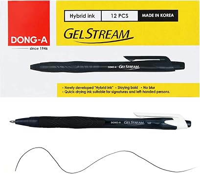 Dong-A Retractable Hybrid Quick Dry Ink Rollerball Pens Medium Point 1.0mm - Black, 12 Count