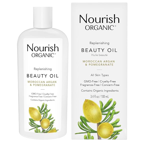 Nourish Organic Beauty Oil Replenishing Body Oil with Moroccan Argan Oil, Pomegranate, Rosehip Oil & Vitamin E, 3.4 Oz + Washable Cotton Round.