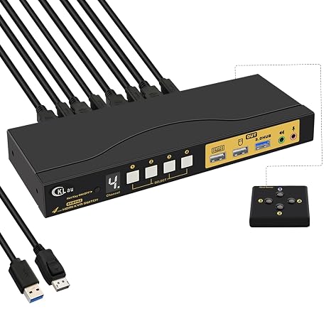 4 Port HDMI 2.1 KVM Switch for 4 Computers and 1 Monitor, 8K@60Hz, 4K@144Hz, USB 3.0 Hub, EDID Emulation, Hotkey and Remote Switching, Cables Included