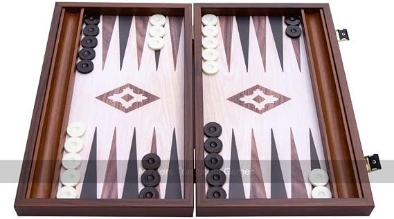 Manopoulos Compact Oak and Walnut 15-inch Backgammon Set (with Side Racks)