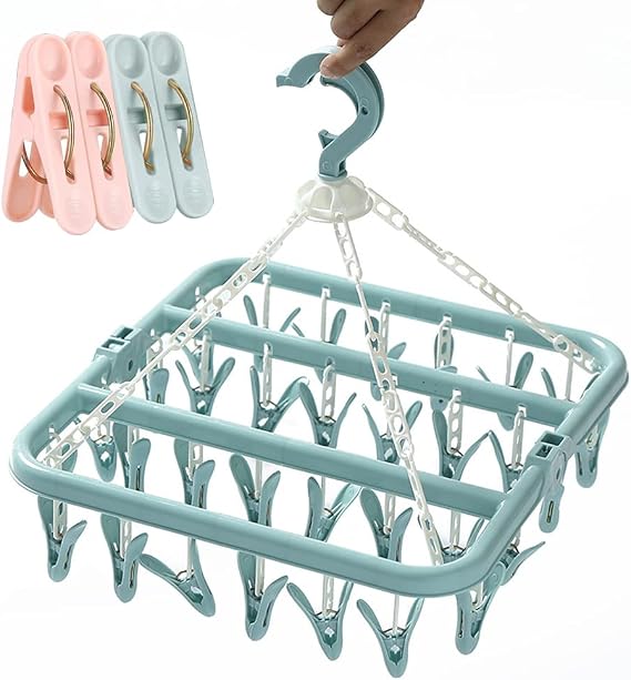 Folding Sock Dryer with 32 Clothes Pegs Sock Drying Rack Hanger with Clips Sock Peg for Washing Line, Laundry Drip Sock Airer Hanging & 4 Beach Towel Quilt Clips for Socks,Underwear,Bras,Baby Clothes