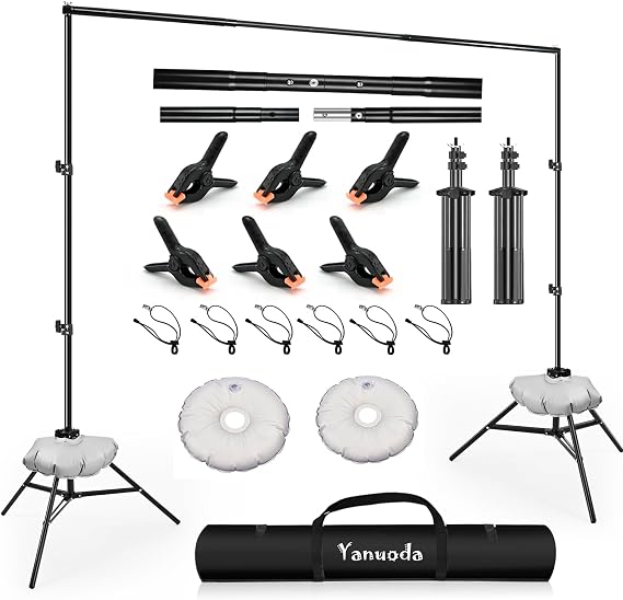 Professional 2.6x3m (HxW) Photography Backdrop Stand Kit - Sturdy, Adjustable, Portable for Home Studio, Events (Includes Carry Bag & 2 Crossbars, 6 Backdrop Clamps, 6 Clips, 2 Water Bags)