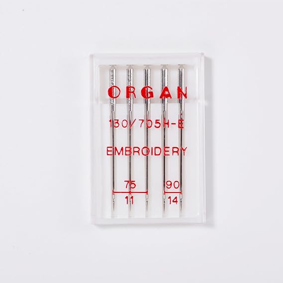 Organ Embroidery Machine Needles 5-Pack, 75/11 (3pcs) & 90/14 (2pcs)