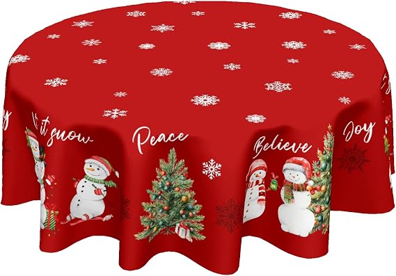 Kawani Christmas Snowflake Round Tablecloth 70 Inch Winter Holiday Snowman Tree Table Cloth Red Xmas Table Cover for Kitchen Dining Room Party Indoor Outdoor Christmas Decor